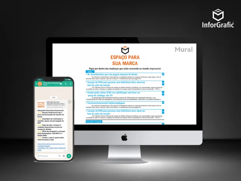 Visão superior de um notebook exibindo um e-mail de newsletter contábil formatado, com logotipo do escritório, resumo de notícias da semana e um botão de leitura.