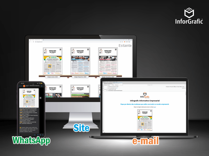 Um arquivo digital em formato PDF interativo aberto em uma tela de tablet, exibindo um infográfico colorido com dados, índices econômicos e análises de mercado contábil.