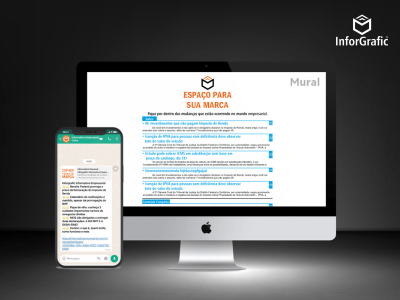 Visão superior de um notebook exibindo um e-mail de newsletter contábil formatado, com logotipo do escritório, resumo de notícias da semana e um botão de leitura.