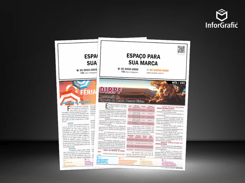 Revista ou livreto impresso de informativo contábil posicionado sobre uma mesa de escritório de madeira, exibindo a marca do escritório na capa com acabamento profissional.