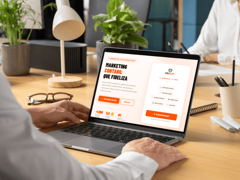 Tela de computador e smartphone exibindo o layout de um Site One Page para escritório de contabilidade, com design moderno, seções integradas e botões de conversão.